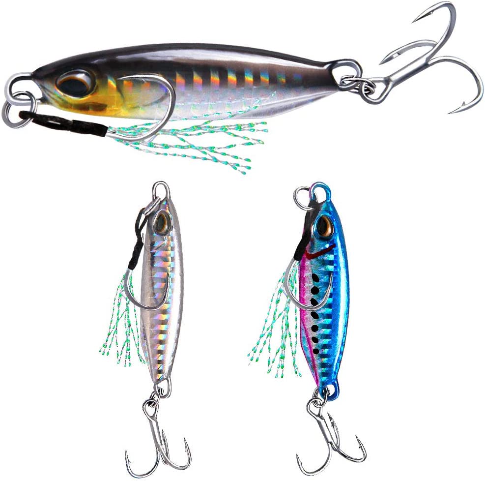 6Pcs Metal Jig Fishing Lures for Saltwater Jigging Sinking Bait 16g 32g Metal Spoons Micro Spinner Baits for Bass Treble Hooks Spoons 3D Eyes Ocean Swimming Hard Lures Fishing Tackle