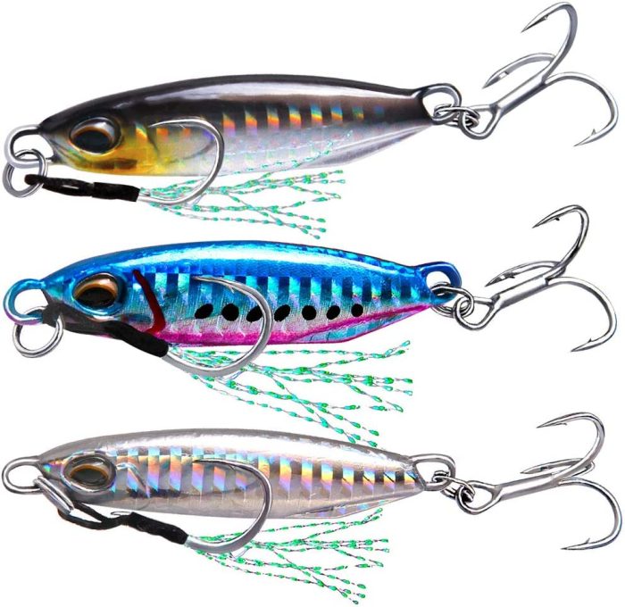 6Pcs Metal Jig Fishing Lures for Saltwater Jigging Sinking Bait 16g 32g Metal Spoons Micro Spinner Baits for Bass Treble Hooks Spoons 3D Eyes Ocean Swimming Hard Lures Fishing Tackle