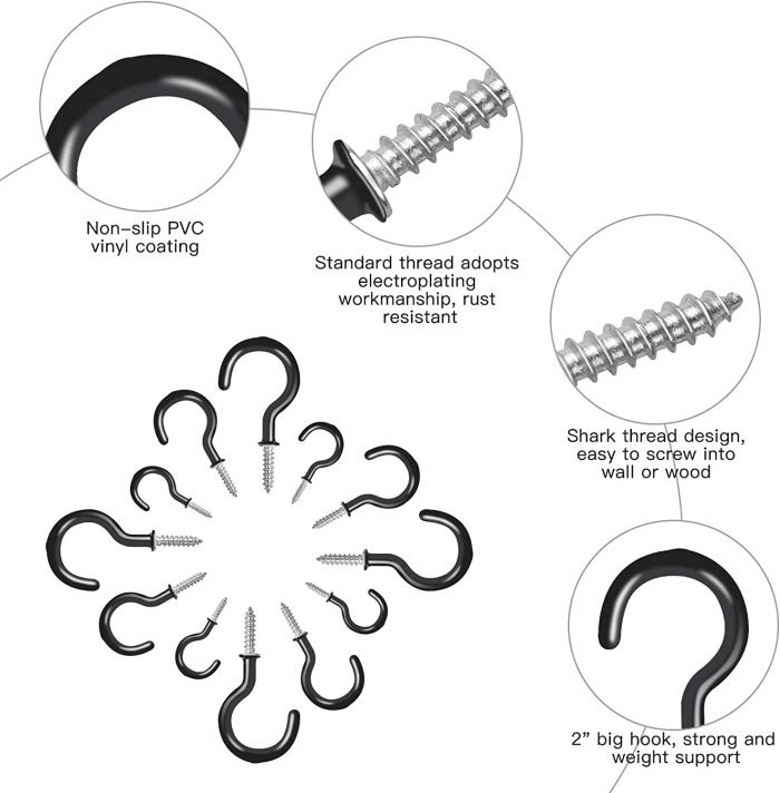 25 Pack Ceiling Hooks,Vinyl Coated Screw-in Wall Hooks, Plant Hooks, Kitchen Hooks, Cup Hooks Great for Indoor & Outdoor Use -1/2", 1",1-1/2",(Black) : Home & Kitchen