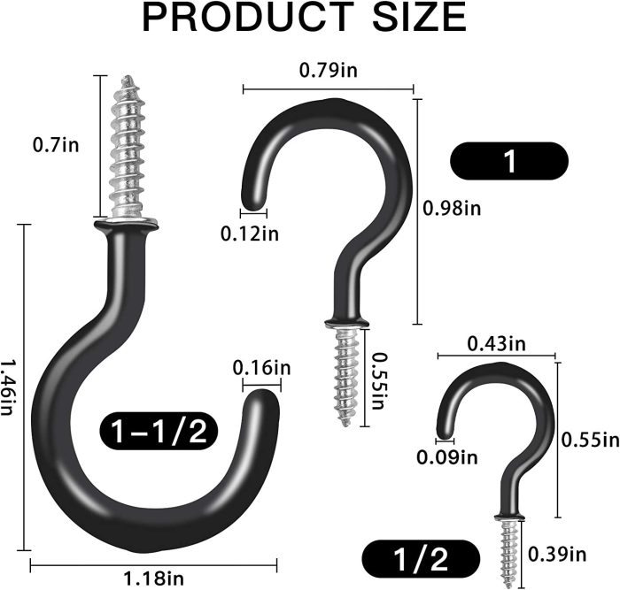 25 Pack Ceiling Hooks,Vinyl Coated Screw-in Wall Hooks, Plant Hooks, Kitchen Hooks, Cup Hooks Great for Indoor & Outdoor Use -1/2", 1",1-1/2",(Black) : Home & Kitchen