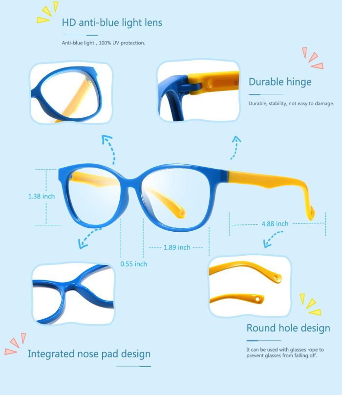 Blue Light Blocking Glasses for Kids Anti-Glare Protection Anti-Eyestrain Anti UV Glasses for Computer or Tv, Smartphone Screens, Boys Girls Age 3-10 Blue&Yellow