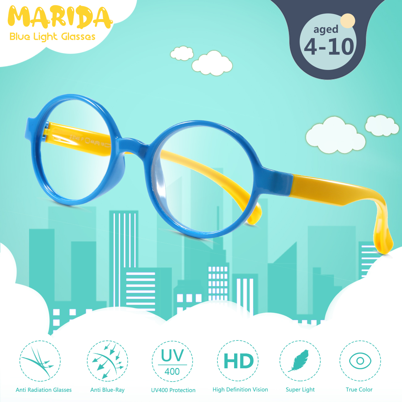 Blue Light Blocking Glasses for Kids Flexible Round Frame with Anti-Fatigue Anti-Glare Anti UV Glasses Age 3-12