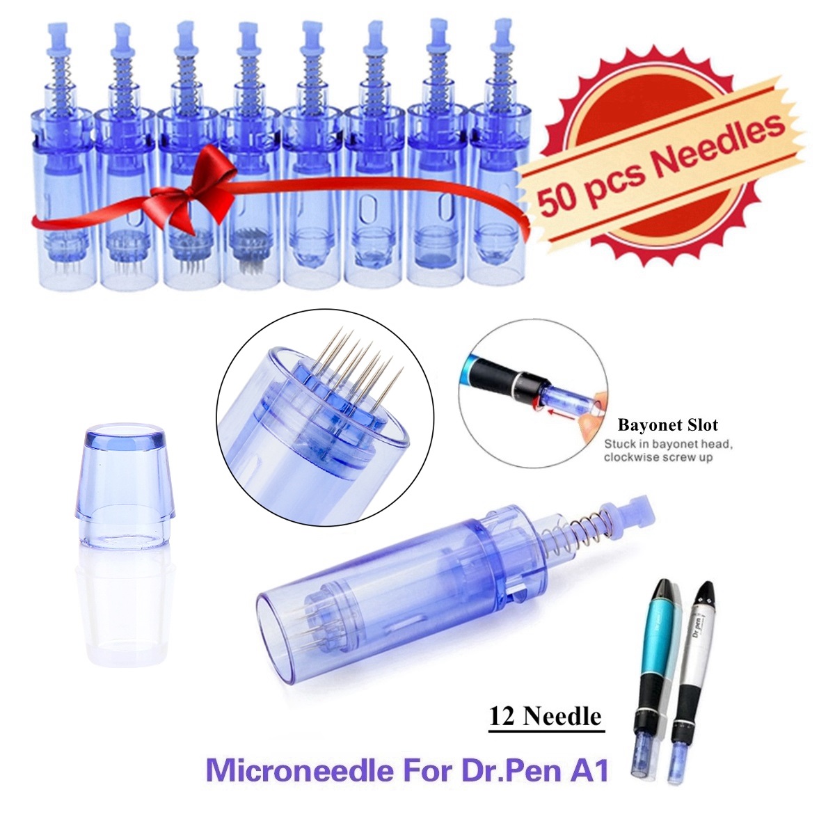 Med SPA Care® Disposable Replacement Cartridges - Fit for Derma Pen Dr.pen Ultima A1 Electric Skin Care Device Dermapen Permanent Makeup Pen (12 Pins, A1 Blue 0.25mm 50pcs)