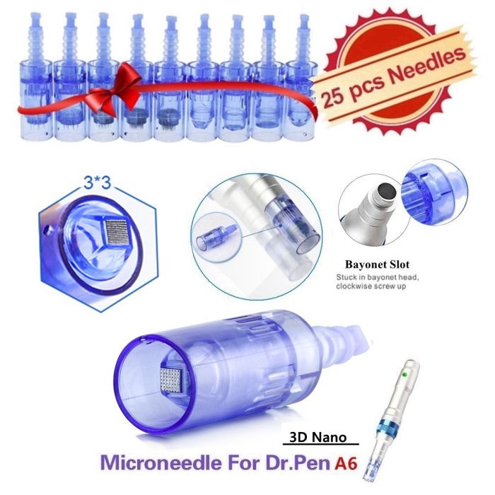 Med SPA Care® Disposable Replacement Cartridges 0.01mm~0.25mm - Fit for Dr.pen Derma Pen Ultima A6 Electric Skin Care Device Dermapen Permanent Makeup Pen (3D Nano, A6 Blue 0.01mm 25pcs)