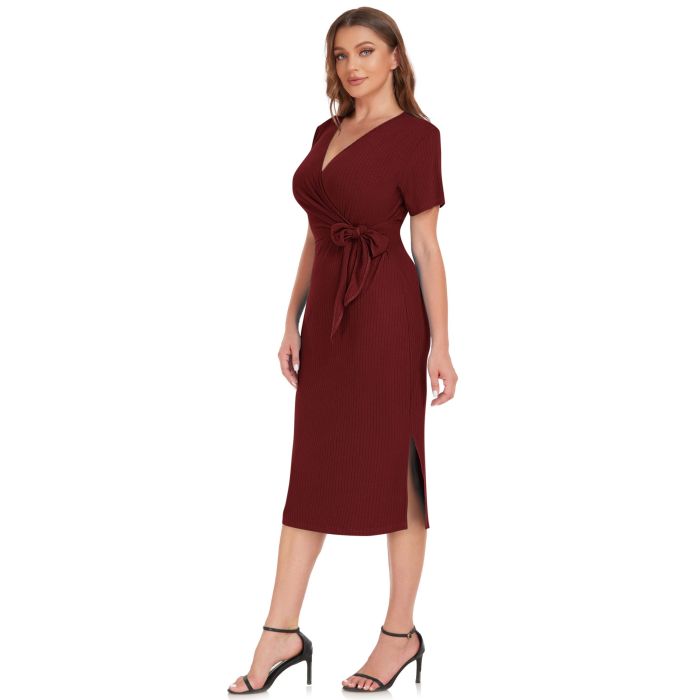 Wine Red-M-Women's Summer Bodycon Dress Ribbed Knit Short Sleeve Warp V Neck Split Pencil Midi Dresses