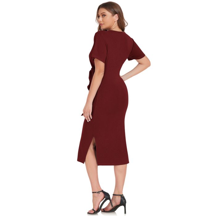 Wine Red-M-Women's Summer Bodycon Dress Ribbed Knit Short Sleeve Warp V Neck Split Pencil Midi Dresses