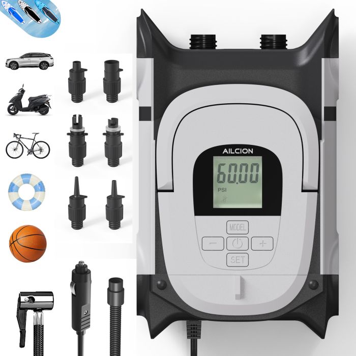 AILCION Gray Paddle Board Pump Bicycle & Car Tire inflator for Deflation of Boat, Mattress, Kayak 12V DC Tire Pump for Car Portable with Pressure Gauge,…