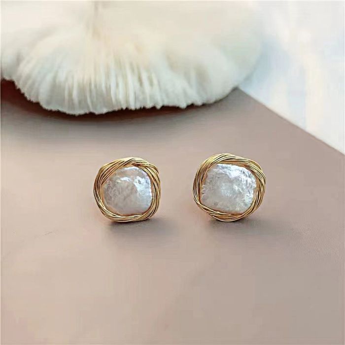 Omnesgit Gold Pearl Earring, 14K Gold Wrapped Silk Handmade Real Baroque Stud Earrings for Women