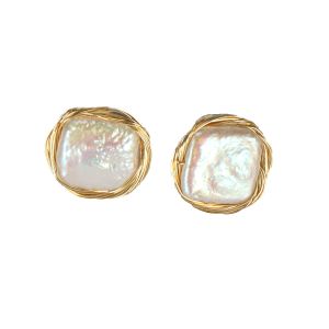 Omnesgit Gold Pearl Earring, 14K Gold Wrapped Silk Handmade Real Baroque Stud Earrings for Women