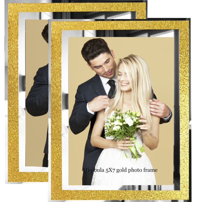 Miqibula 4x6 Picture Frames Glass Photo Frame with Gold Glitter 4x6 Christmas Photo Frame Decor Horizontally or Vertically 0n Tabletop Desk and Shelf (Gold 2pcs)